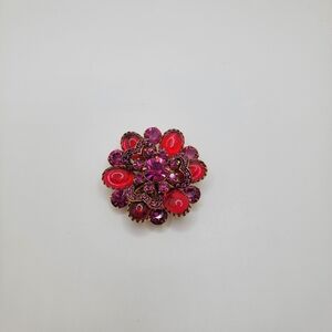 Vintage Czechia Brooch Red Cabochon Pink Rounds Hearts